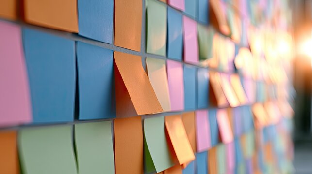 Colorful sticky notes cover a wall, creating a textured, abstract background
