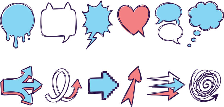 Vector colorful doodle illustration set featuring sketch style speech bubbles dialog clouds cat ears heart shape and decorative pointing arrows