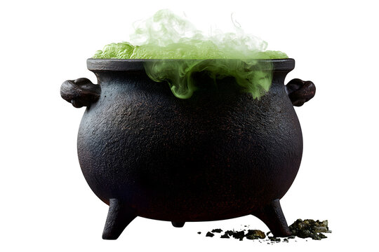 Cast iron cauldron with bubbling green potion and smoke isolated on transparent background