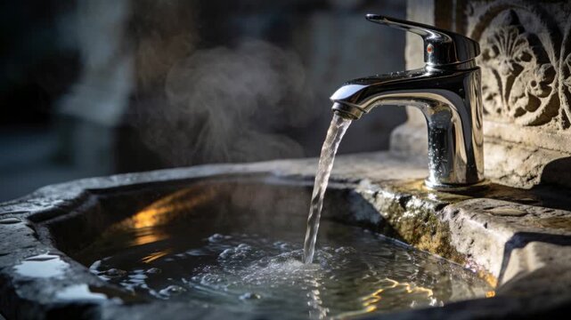 Pouring chrome faucet starting water stream into carved basin, steam, drops and warm sheen