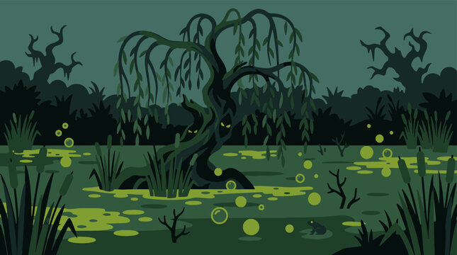 Cartoon marsh scene with glowing bubbles and hidden creatures in creepy wetlands.