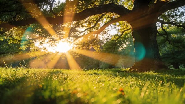 Shifting sun causing sunburst focusing behind big tree in park dewy grass glinting, flare moving