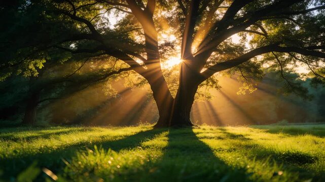 Shifting sun rising behind multi-trunk tree in meadow, creating turquoise flare and sunbeams