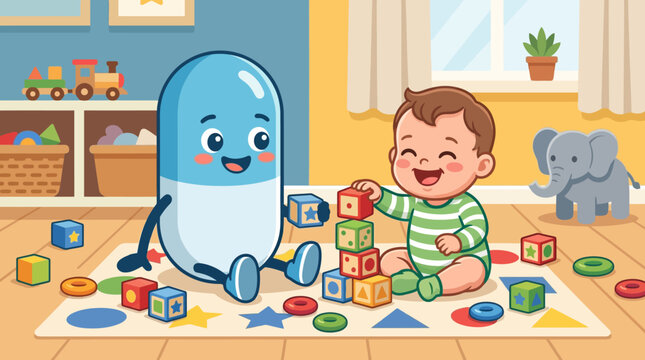 A cartoon character and a toddler playing with blocks on a mat indoors.