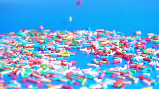 colorful sprinkles floating delicately in slow motion on a deep blue background, perfect for festive and playful themes