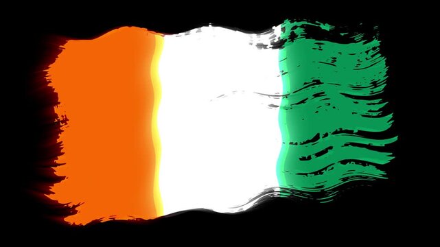 Waving torn Ivory Coast flag grunge brush burn light leaks, transparent background alpha channel loop full HD
