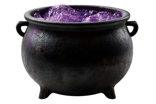 Cast iron cauldron with bubbling purple potion for witchcraft isolated on transparent background