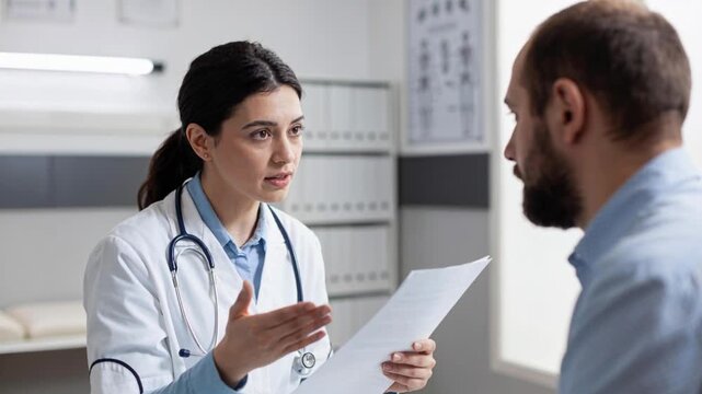 Explaining physician wearing white coat and stethoscope holding report in clinic, summarizing care