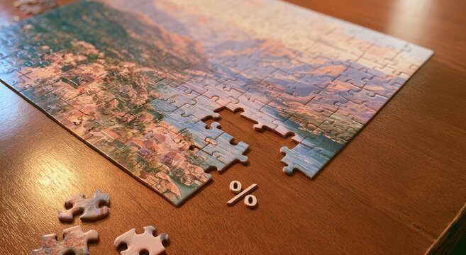 Landscape jigsaw puzzle incomplete with a percentage symbol on table