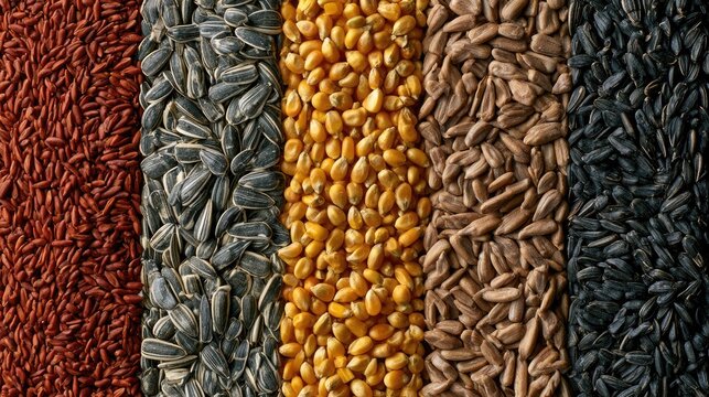 Close-up of five vertical rows of different seeds and grains