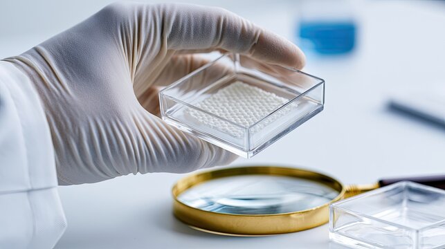 gloved hand holding a square petri dish with a textured sample