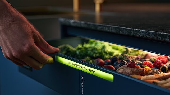Hand opens drawer revealing fresh produce, greens, berries, and roots