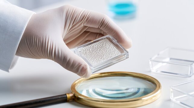 Hand in glove holds tiny particles in container over magnifying glass