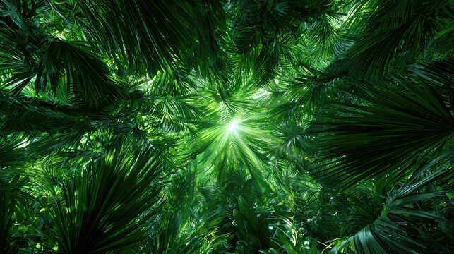 Looking up through lush green jungle canopy towards bright, starburst sun