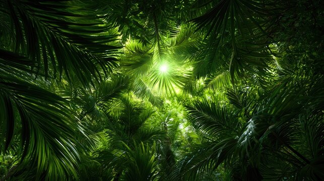 Lush green canopy of palm fronds illuminated by a bright, diffused sunburst