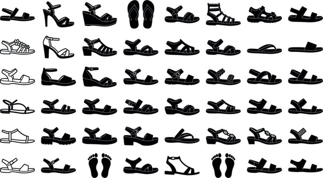 Women Sandals and Summer Footwear Silhouette Vector Icon Set Featuring High Heels, Wedges, Flip Flops, Gladiators, Slides, and Footprints for Fashion Retail DesignsWomen Sandals and Summer Footwear Si