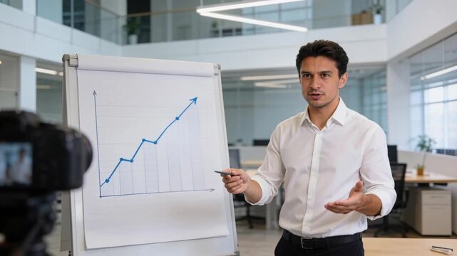 Explaining male white shirt pointing marker on flipchart to camera recording in office, copy space