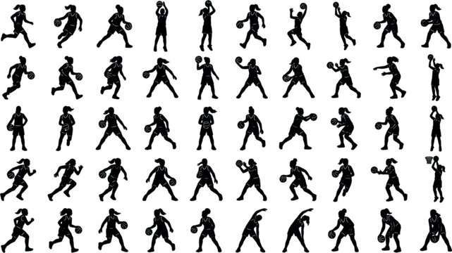 Women Basketball Player Silhouette Vector Icon Set Featuring Female Athletes Dribbling, Shooting, Running, Passing, and Stretching Actions for Team Sports Tournament DesignsWomen Basketball Player Sil