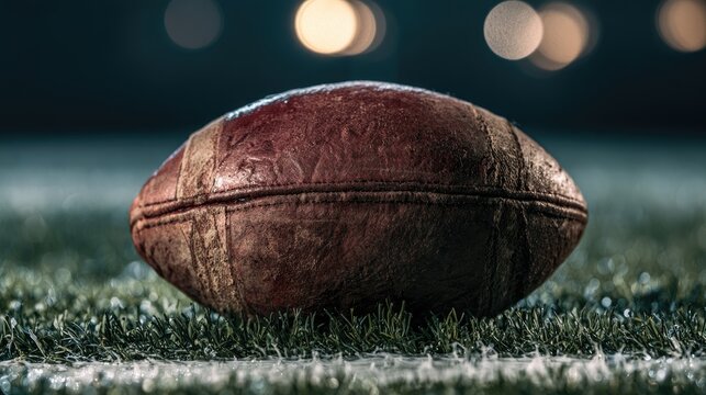 Weathered football rests on stitched grass, stadium lights blur in background