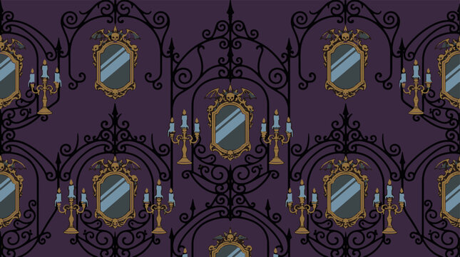 Seamless pattern featuring gothic frames with bat skulls and elegant candelabras.