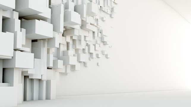 White cubes in varying sizes exploding from a wall into an empty space