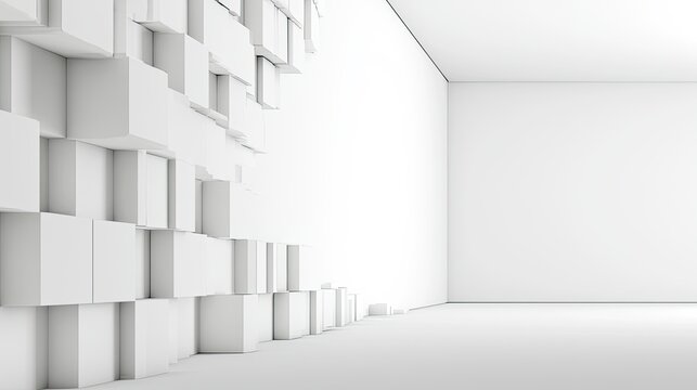 Abstract white cubes cascade down a minimalist wall, revealing an empty room