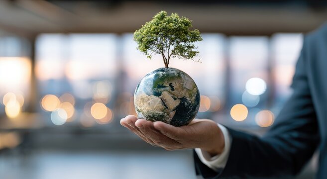 Hand holds globe with tree, symbolizing sustainability and growth