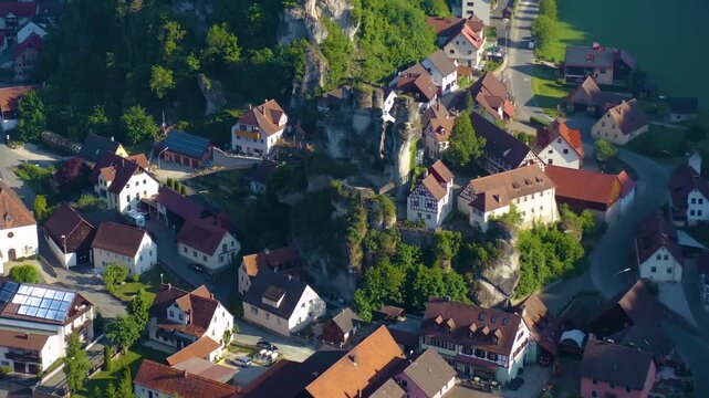 Aerial view of the old town in the city Pottenstein on a sunny noon in Spring in Germany