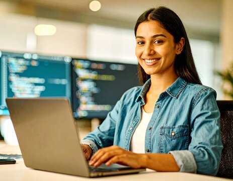 Young Indian software engineer working alongside an AI coding assistant, generating clean code, identifying bugs, improving performance, and developing smart applications.