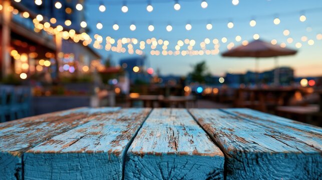 Rustic wooden table in a blurred, illuminated outdoor dining area at dusk