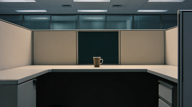 A minimalist office workspace featuring a coffee mug on the desk, highlighting the essence of productivity and focus.