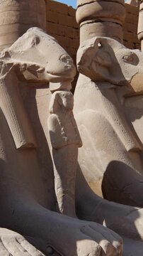Karnak Temple in Luxor, Egypt. Ram-headed sphinx alley at Karnak Temple. Ancient stone statues of Amun god along sacred processional avenue.