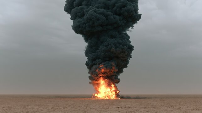 Intense fire erupts, spewing thick black smoke into a bleak, overcast sky