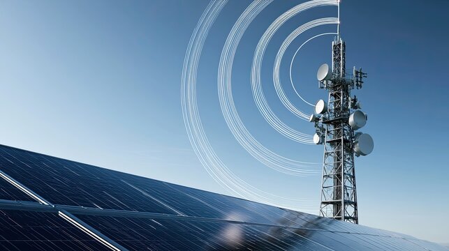 Tower with antennas and solar panels on clear sky