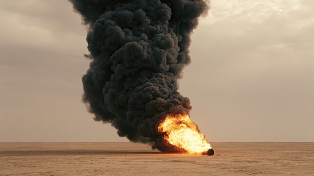 Intense desert fire erupts with dense black smoke and roaring flames