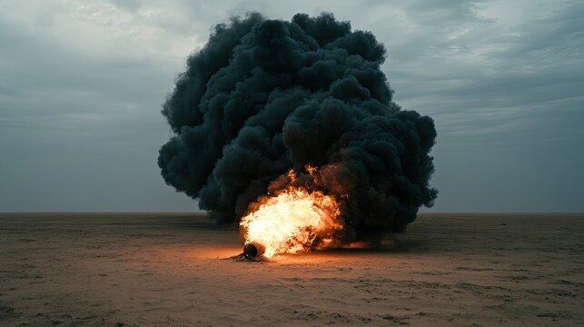 Intense desert conflagration with vast black smoke billowing against a cloudy sky