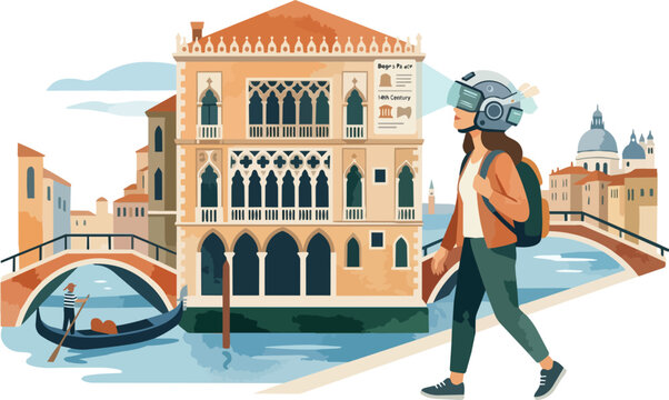 Woman Exploring Venice with Virtual Reality Headset in Front of Doge s Palace and Gondola travel exploration digital tourism vector