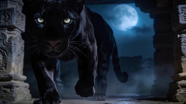 Emerging from dark recess, black panther prowling toward low camera at stone archway, full moon