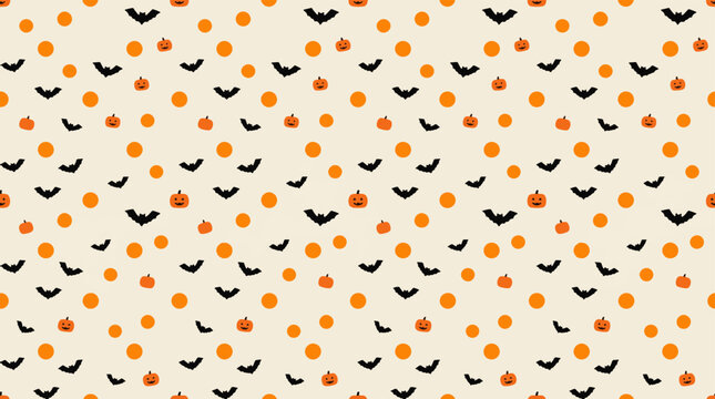 Cute halloween pattern with bats pumpkins and polka dots.
