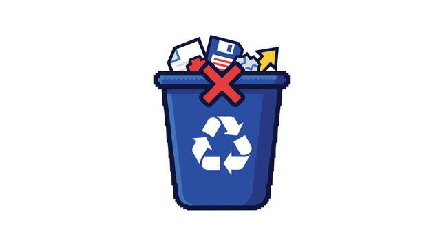 Trash Can With Discarded Items And Recycling Symbol Vector Illustration