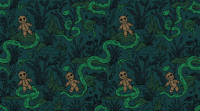 Seamless pattern with voodoo dolls and snakes in a dark green swamp environment.
