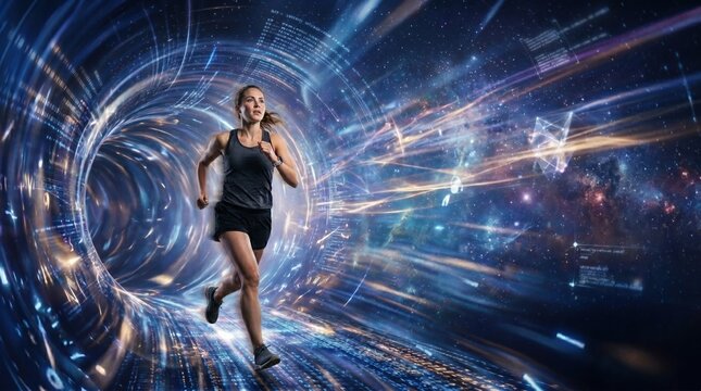 Futuristic sporty woman running through digital cyber data tunnel into outer space sci fi concept.