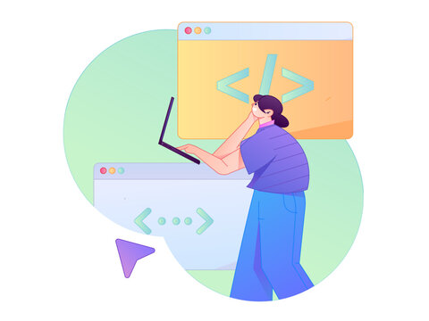 Programming teaching development flat character vector concept operation hand drawn illustration
