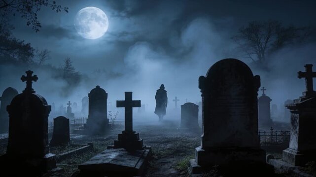 Walking overcoat silhouette advancing along cemetery path past graves, full moon backlighting scene