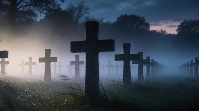 Shifting camera to reveal central cross and receding rows in misty cemetery, horizon brightening