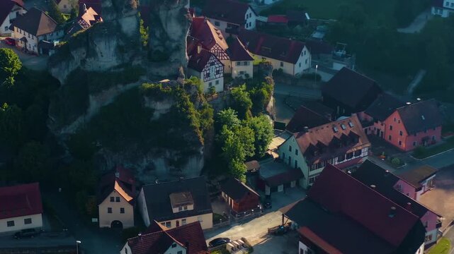 Aerial view of the old town in the city Pottenstein on a sunny noon in Spring in Germany