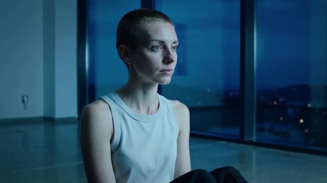 Noticing city lights, woman in high-rise room buzz cut wearing tank top, turning head toward window