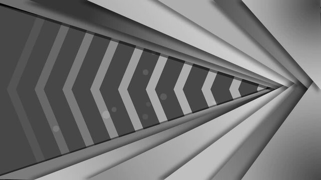 Abstract tunnel with converging chevrons and layered metallic surfaces, monochrome dynamic perspective animation
