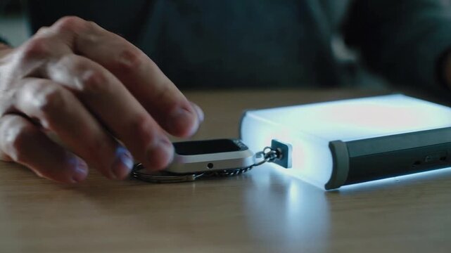 Hand entering, lowering white device near blue fob on wood table, aligning with lit port, charging
