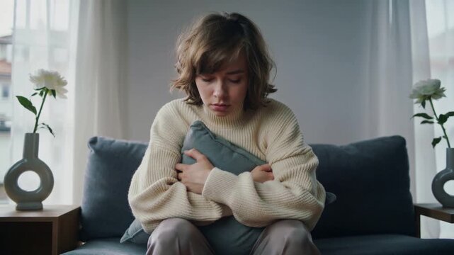 Sitting upright woman in cream sweater hugging blue-gray pillow on blue sofa at home, lowering gaze